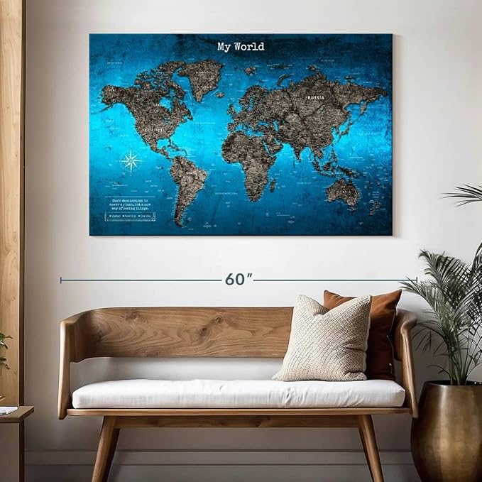 ElephantStock - My World Push Pin Travel Map Iii Wall Art - Horizontal Canvas Wall Art - Living Room Wall Decor - Digital Art Map Canvas Art - Turquoise And Blue Decor - 51" x 34"