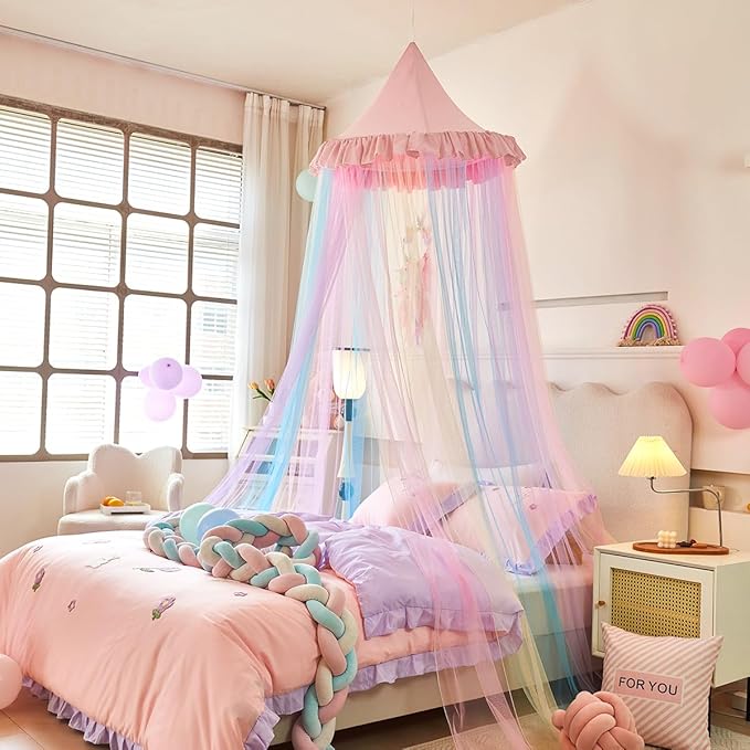 Kertnic Rainbow Bed Canopy for Girls Dreamy Mosquito Net for Bed Round Dome Princess Bed Canopy Girl Room Play Tent Kids Canopy Bed Netting Curtains (Single Layer- Pink)