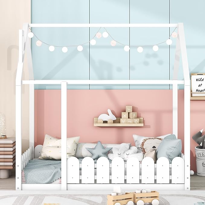 Bellemave Full Size Kids Floor Bed Frame with Fences, Wooden Full House Bed with Roof Can be Decorated for Kids Girls Boys (White)