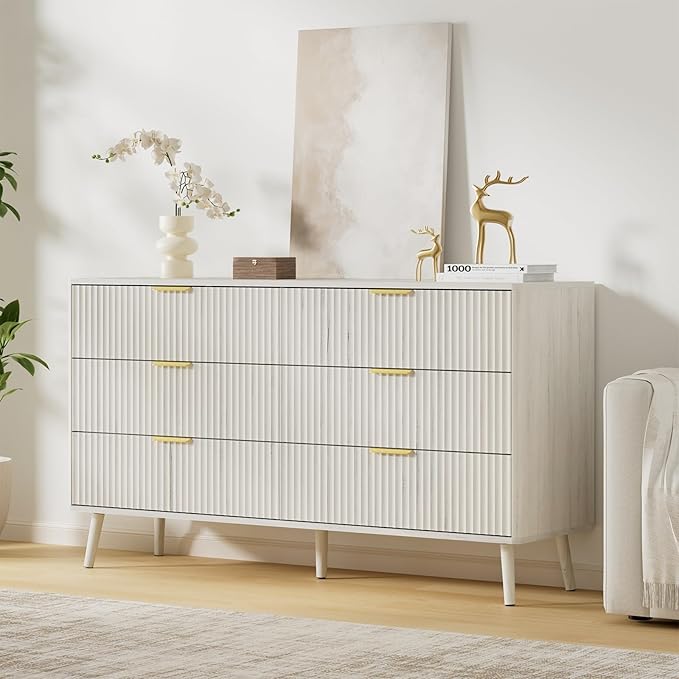 LYNSOM 55" Wide Fluted Dresser for Bedroom with 7 Drawer, Modern Chest of Drawers with Curved Profile Design and Metal Handles, Wood Dresser TV Stand & Storage Organizer for Living Room, White