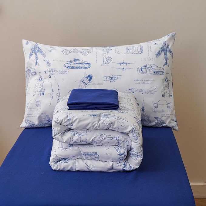 KAREVER Cartoon Toddler Bedding Set Vehicles Print 4 Pieces Crib Bed Set Kids White Blue Car Plane Print Comforter Set