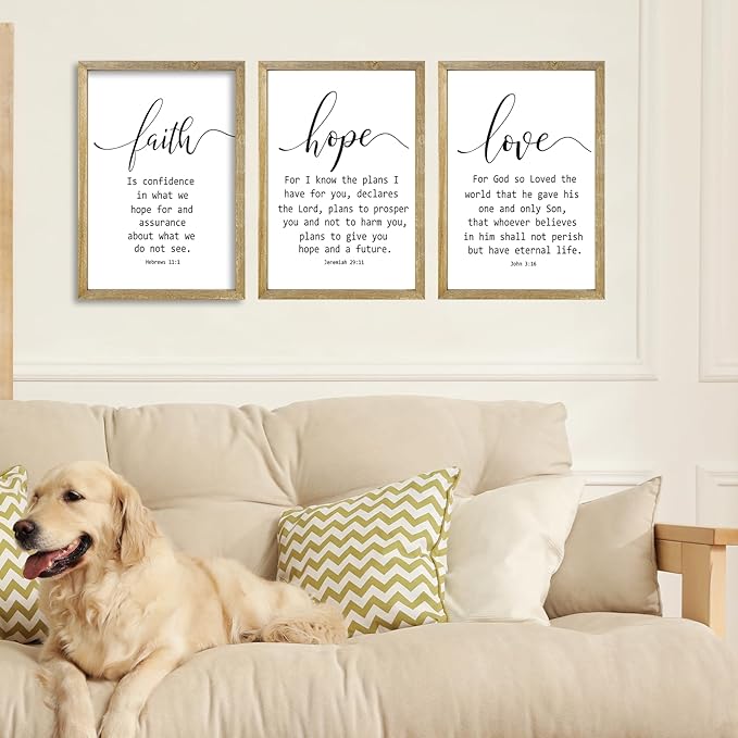 Faith Hope and Love Bible Verses Wall Decor Sign 16x11Inch Wood Framed Set of 3 Farmhouse Living Room Christian Faith Scripture Art Inspirational Religious Quote Love Wall Hanging (Wood)