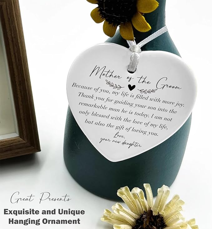 Heart Shaped Christmas Ornament-Mother of The Groom Gift from Bride-Bridal Shower Wedding Present for Mother in Law New Mom Because of You My Life is Filled with Joy Keepsake
