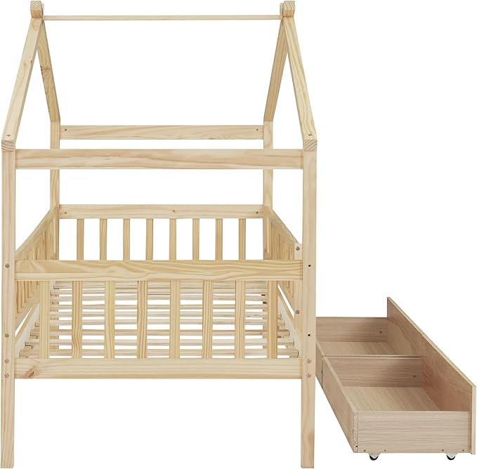 Merax Twin Size Wooden House Bed with Two Drawers, Wood Bed Frame with Roof and Safety Guardrail for Kids, Teens, Boys or Girls, Natural