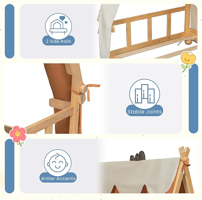 Twin Size Floor Bed with Tent and Light, Wooden Montessori Bed Frame with Roof Design, Low Profile Beds for Kids, Boys and Girls, Brown