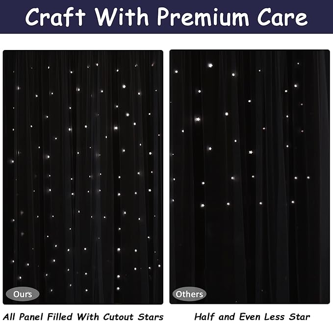 Kinryb Kids Star Cutout Blackout Curtains for Bedroom/Living Room,2 Free Tiebacks Sheer Overlay 72 Inches 2 Panel Set, Double Layer Curtains for Kids Room(W52xL72 Inches,Navy Blue 2 Pcs)