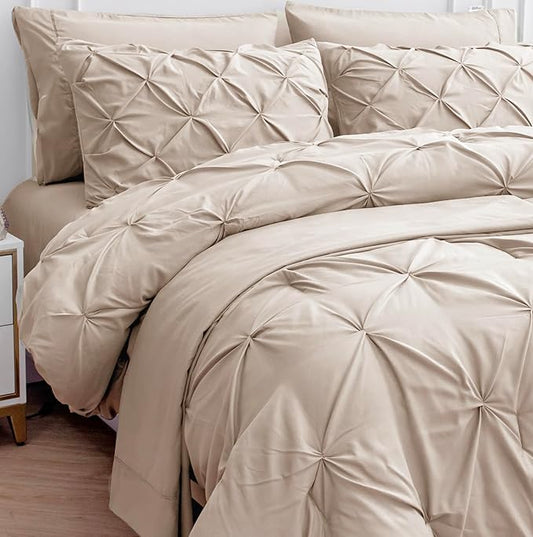 LANE LINEN Cal King Size Comforter Set - 7 Pieces California King Size Bed in A Bag, King Bedding Sets with Comforters, Sheets, Pillowcases & Shams, Bedding Set - Beige