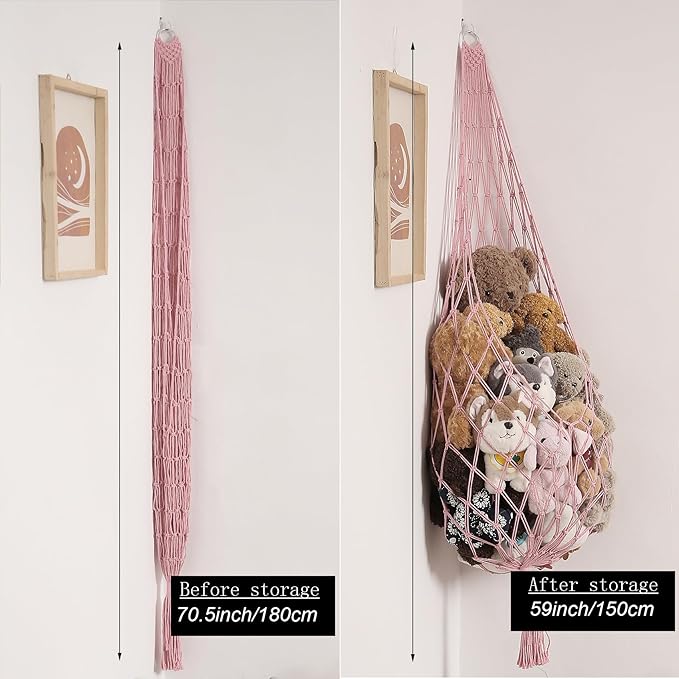 Stuffed Animal Hammock Corner Hanging Net for Stuff Animal Storage Macrame Plush Toy Holder-Perfect for Tiny Space Walls-Kid Bedroom Decor Nursery Playroom Organizer (Light Pink XL)