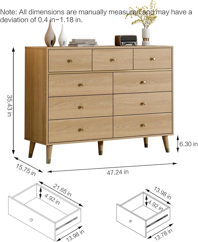 9 Drawers Dresser for Bedroom,35.4" Tall Wood Rustic Modern Chest of Drawers with Natural Texture,with Anti-Tipping Device, Storage Dressers Organizer for Bedroom, Living Room,Oak