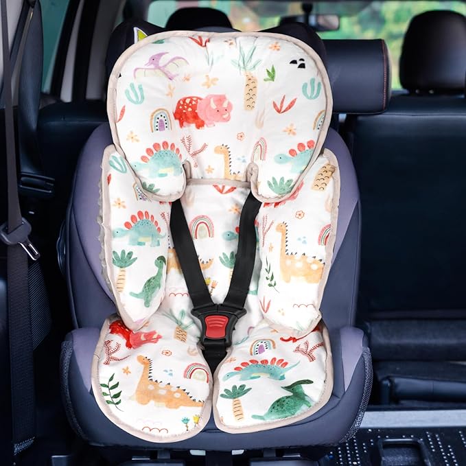 Infant Car Seat Insert, 2-in-1 Baby Car Seat Head Support for Newborn Girls Boys, Soft Baby Neck Support and Body Cushion for Car Seat, Stroller, Bouncer (Dinosaur)