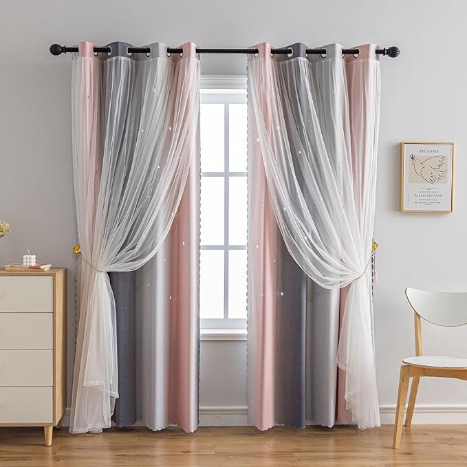 Star Girl and Kids Curtains for Bedroom Rainbow Ombre Double Layer Cute Shot Nursery Darkening Grommet Princess Room Décor 2 Panels Living Room Window Curtain (Pink Grey52W x 95L)