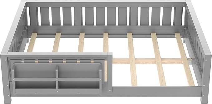 Bellemave Full Size Floor Bed with high Rails and with Built-in Bookshelf for Kids, Girls, Boys, Wood Montessori Floor Bed Without Door, Gray