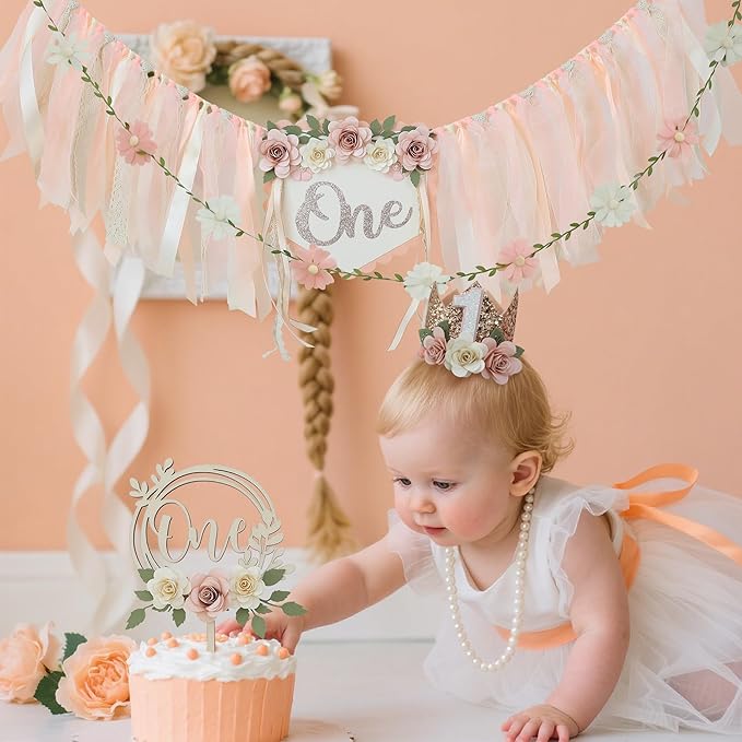 Wildflower 1st High Chair Banner Birthday Party Decorations for Girl Light Pink One Flower Cake Topper 1st Birthday Decorations Supplies