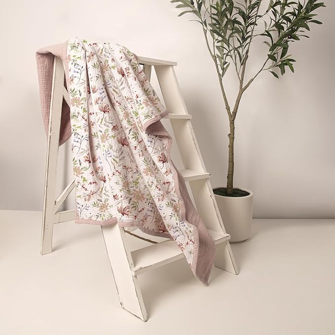 lulumoon Muslin Blanket Baby for Girls: Cotton Crib Blanket with Wildflowers - Soft Lightweight for Daycare 47"x47"（Sand Floral）