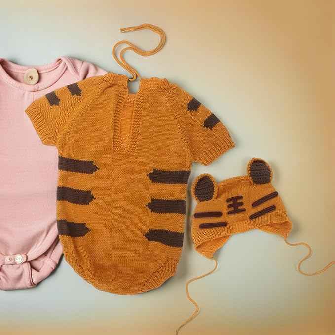 LOGOFUN Baby Tiger Romper with Hat for Photo Shoot Soft Newborn Jumpsuit Children Costume 1-6 Months Photography Prop