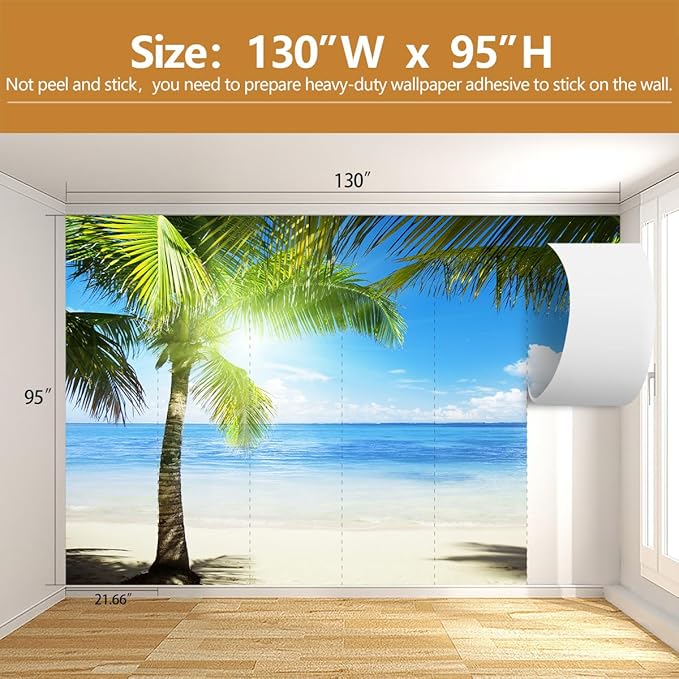 Coastal Wallpaper Tropical Palm Tree Beach Landscape Wall Mural for Living Room Bedroom（Not Peel and Stick）