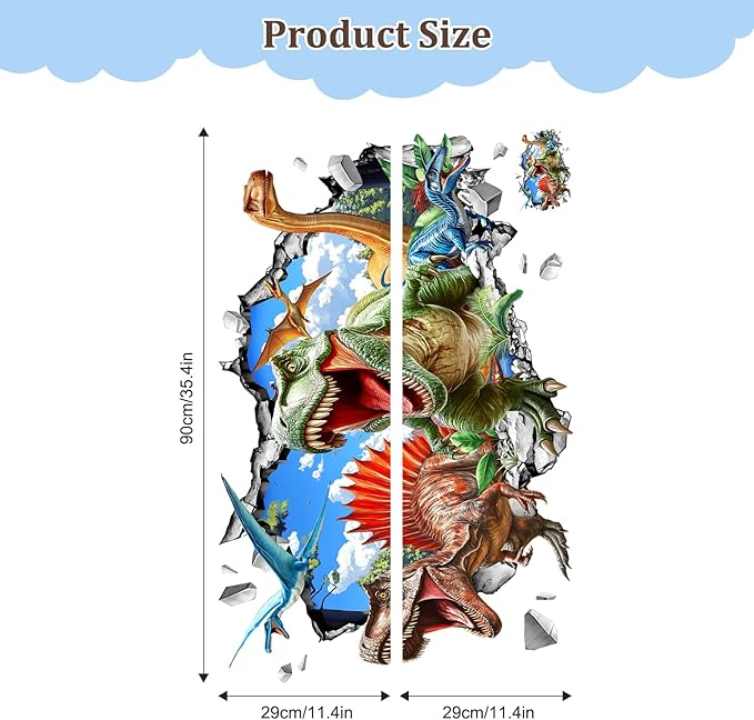3D Dinosaur Wall Decals, Break Through Dinosaur Park Wall Stickers Peel and Stick Decal Self Adhesive Sticker for Boys Kids Room Home Decor