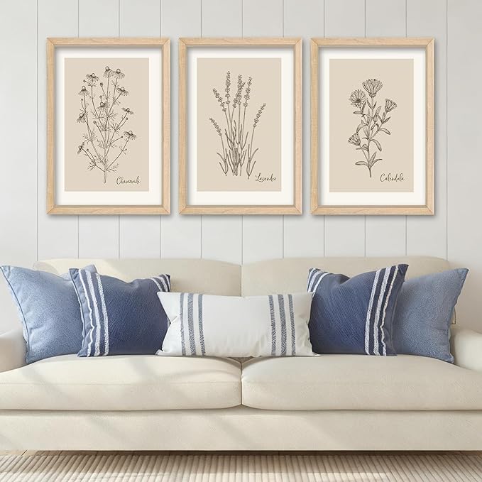 YWJKWLGS Vintage Botanical Wall Art 11x16 Inch Set Of 3 Wooded Framed Minimalist Rustic Wildflower Pictures Floral Sign Bedroom Wall Hanging Decor (Wood)