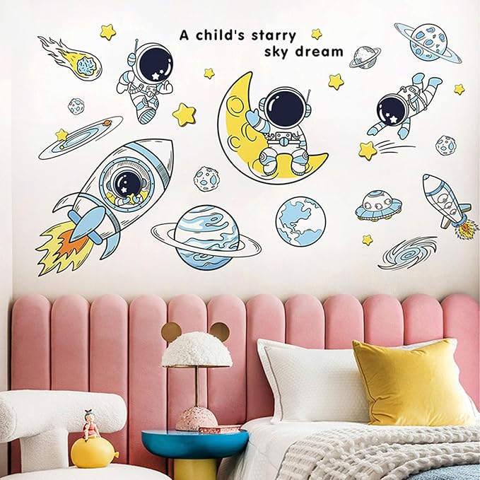 Space Decor Astronaut Wall Stickers - Space Theme Bedroom Classroom Playroom Murals & Decals - Wall Decals for Boys Girls Room - Outer Space Wallpaper With Planets