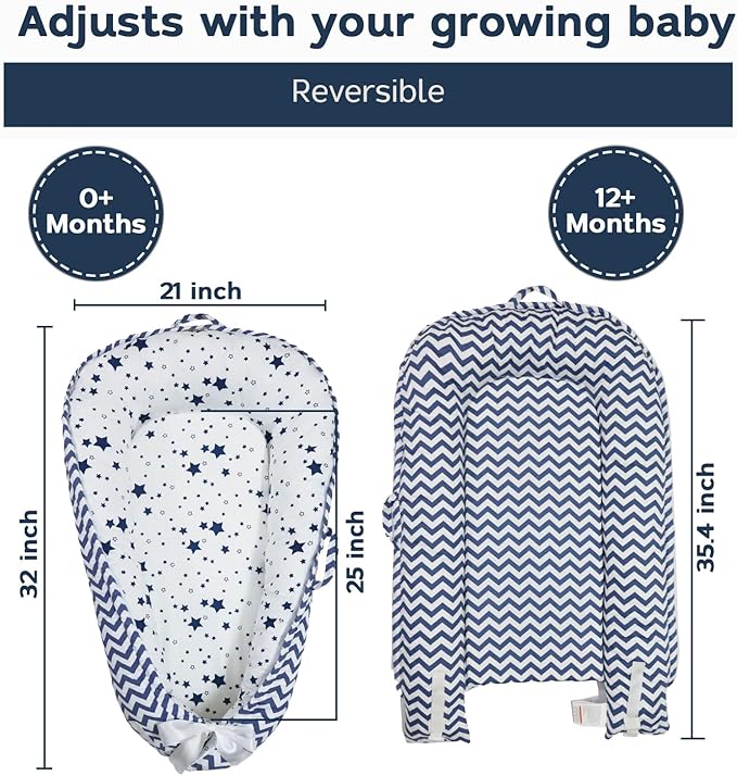 Baby Lounger | Organic Cotton Infant Lounger| Reversible, Adjustable & Portable Floor Lounger |Supervised Use | Soft, Breathable, Washable Cover - Star Collection (Blue)