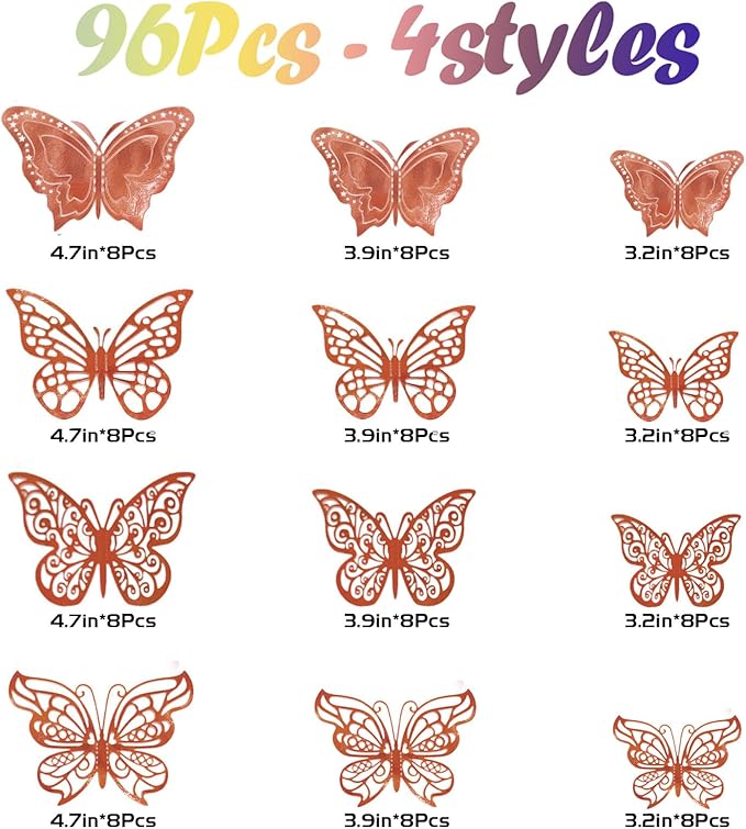 96 Pcs Butterfly Decorations 3 Sizes 4 Styles 3D Butterfly Wall Decor Party Decorations Butterflies for Crafts Birthday & Wedding Celebrations Cake Decorating Balloons Removable Stickers Rose Gold