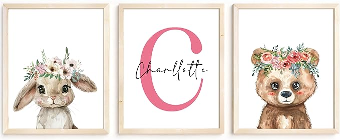 Personalized Flower Woodland Animals for Baby Girl Nursery Bedroom Unframed Poster Prints, Customized Name Cute Animals Wall Art Decor New Baby Girl Gift Present Bear Deer Bunny (11x14, 3 Prints)