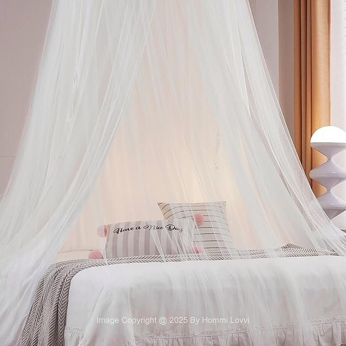 Double Layers Bed Canopy with Star Lights, 3 Pieces Layers Canopy for Girls Bed, Princess Round Dome Dreamy Play Tent, Hanging Kids Reading Nook Mosquito Net, Machine Washable - White