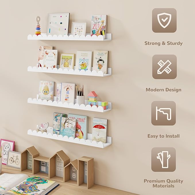 Fun Memories 28 Inch Scalloped Floating Shelf, White Picture Ledge for Wall, Set of 4, Nursery Book Shelves for Baby Room, Kids Rooms, Bedroom