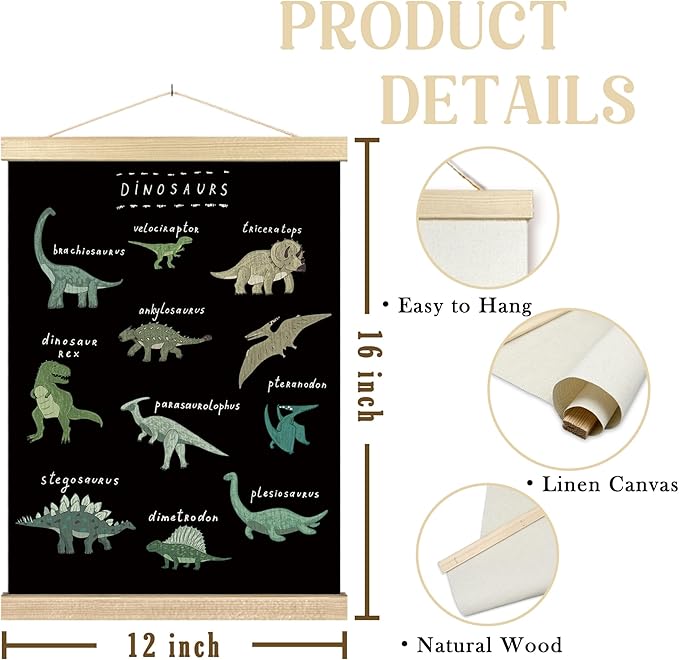 BCUANGD Dinosaur Dino Wall Decor - Baby Toddler Boys Room Wall Art Poster Hanger with Wood Frames, Inspirational Black Hanging Canvas Decor for Kids Room Playroom Nursery Bedroom, 12x16 Inches