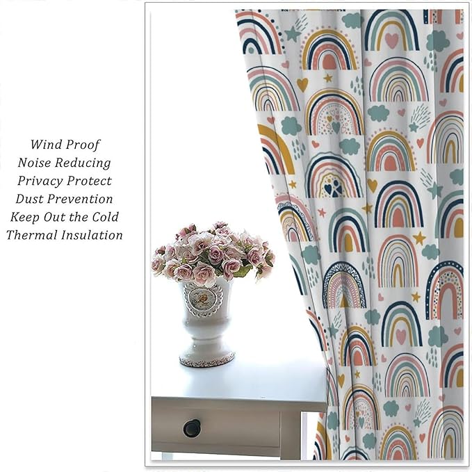 Kids Rainbow Curtains Boho Cartoon Colorful Stars Love Heart Lovely Abstract Art Pattern Print Window Drapes for Girl Bedroom Living Room Kitchen Decor,2 Panel Set,63Wx63H Inch Blackout