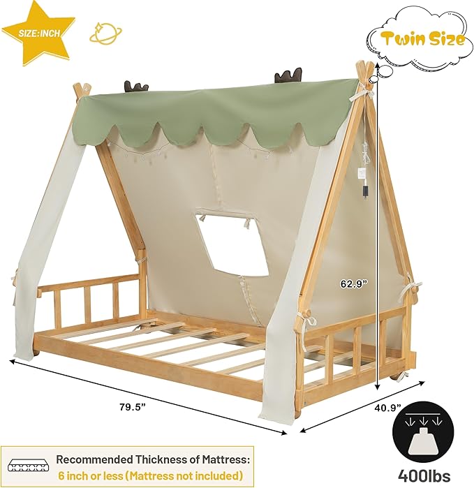 Montessori Floor Bed Twin with Tent & Light, Wood Twin House Beds for Kids, DIY Playhouse, Low-Profile Teepee Bed, Playful Indoor Adventure & Sleep for Girls Boys,Natural+White
