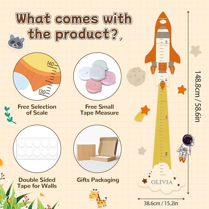 Personalized Wooden Space Theme Growth Chart - Wall Growth Chart Kids,Kid Measuring Growth Chart Ruler,Customized Wood Growth Chart Nurser Bedroom Wall Decor