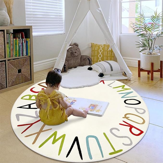 LIVEBOX ABC Round Kids Rug Colorful Play Mat for Playroom, Alphabet Learning Nursery Rug Circle Washable Rug for Children Bedroom, Non-Slip Educational Carpet for Teen (59",Multi Color)