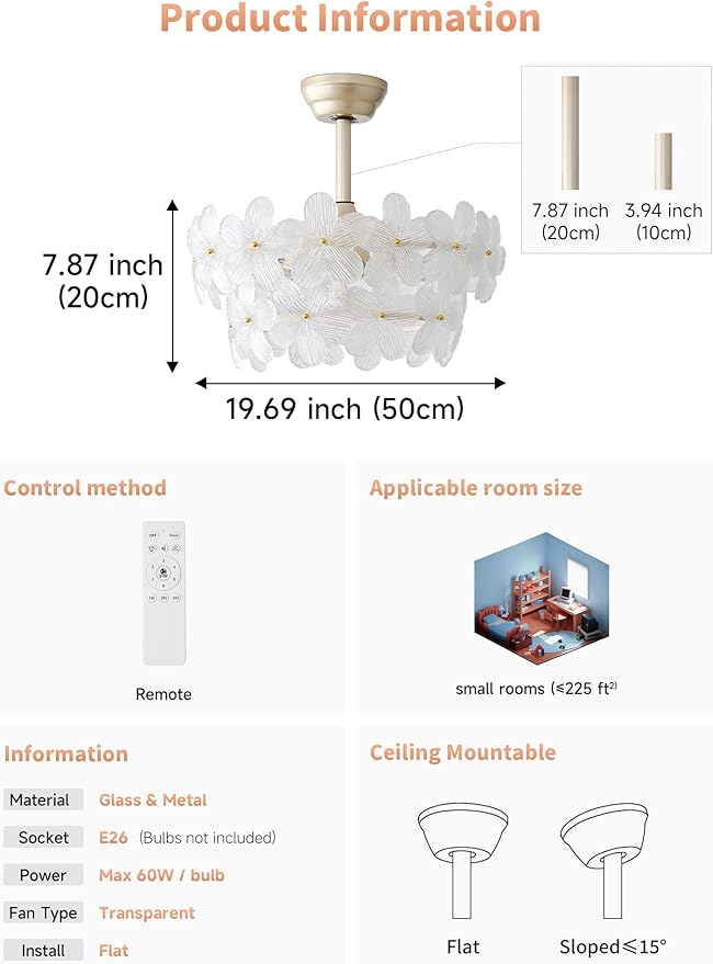 Gold Crystal Fandelier Ceiling Fans with Lights, 20" Gold Flower Chandelier Ceiling Fan with Light Remote Control, Caged Mid-Century with 6 Speeds for Bedroom, Nursery, Living Room