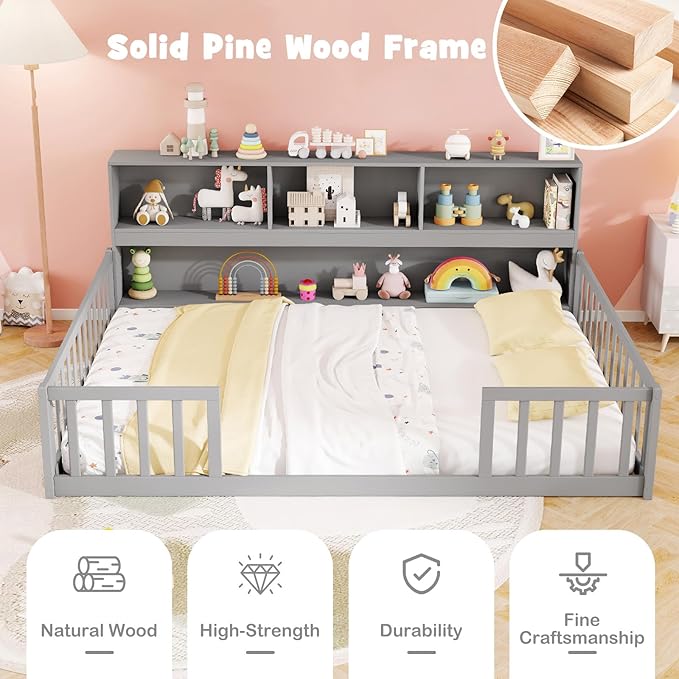 KOMFOTT Full Floor Bed with Bookcase & Shelves, Wood Bed Frame with Bedside Bookshelves & Guardrails, Versatile 2-in-1 Montessori Floor Bed for Kids (Grey)
