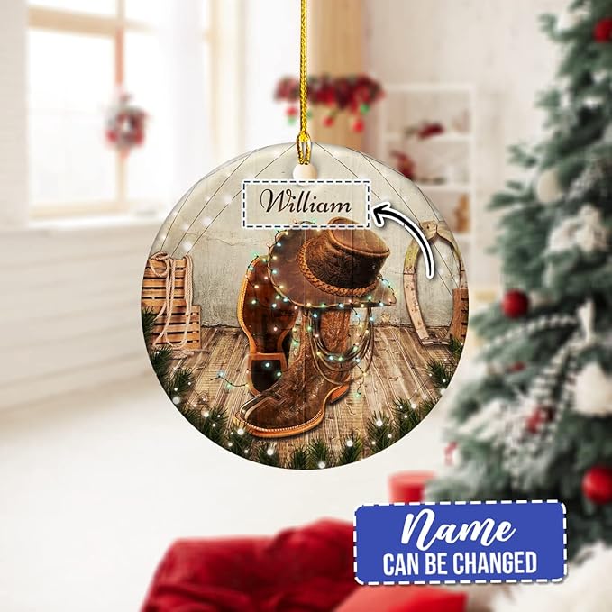 wowcugi Cowboy Ornament for Christmas Tree Custom Name Customized Western Ornaments Ceramic Cowboys Boots Ornaments Xmas Tree Decoration Keepsake Gifts for Men Boys