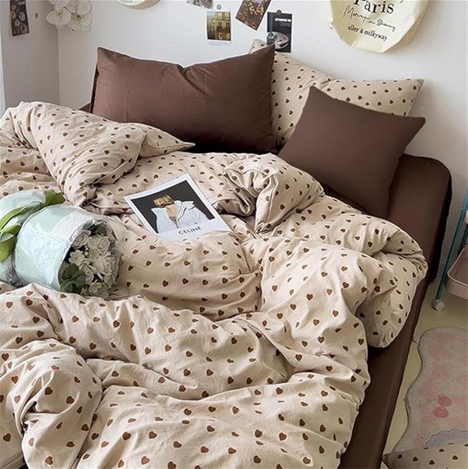 Cute Heart Duvet Cover Queen Size Brown Love Pattern Bedding Set Kids Boys Girls Heart-Shaped Printed Soft Breathable Microfiber Comforter Cover 3Pcs with 2 Pillowcases