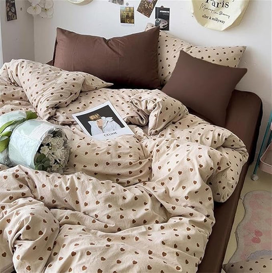Cute Heart Duvet Cover Queen Size Brown Love Pattern Bedding Set Kids Boys Girls Heart-Shaped Printed Soft Breathable Microfiber Comforter Cover 3Pcs with 2 Pillowcases