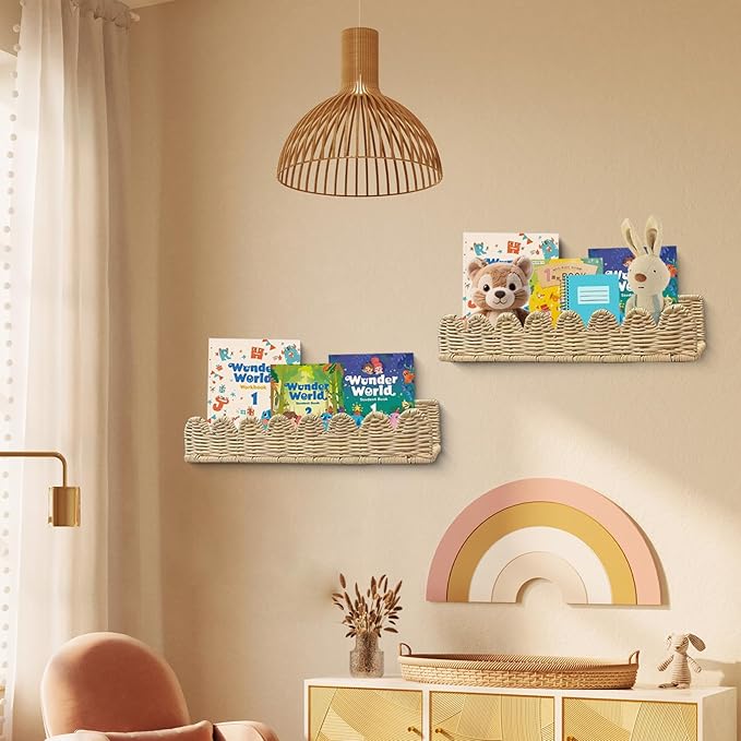 Nursery Book Shelves, 2Pcs Artisanal Natural Rattan Scalloped Book Shelf for Kids Rooms, Rattan Wall Shelves for Books, Toys, Photo Frames, Nursery, 15.8 x 4 Inch