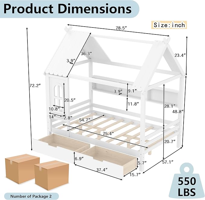 Full House Bed with Drawers and Window, Solid Wood House Platform Bed with Shelves, Full Bed Frame with House-shaped Roof for Kids, Boys, Girls, No Box Spring Needed and Childlike Design, White