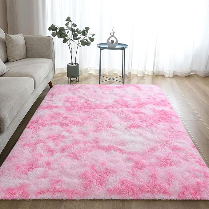 DweIke Fluffy Pink White Rugs for Bedroom Living Room, 6x9 Large Soft Plush Shaggy Tie-Dyed Pink Girls Boys Kids Rug, Non-Slip and Machine Washable Carpet for Dorm Nursery Classroom Decor