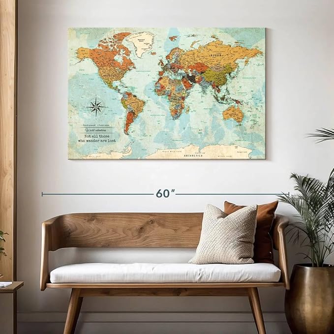 ElephantStock - Personalized Wanderer Push Pin World Map Wall Art - Horizontal Canvas Wall Art - Living Room Wall Decor - Digital Art Map Canvas Art - Orange And Blue Decor - 48" x 32"