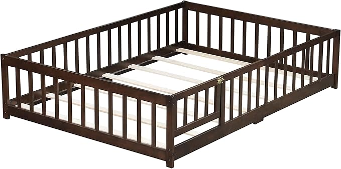 Bellemave Full Size Floor Bed for Kids, Girls, Boys, Rubber Wood Floor Bed with slats and Door, Espresso