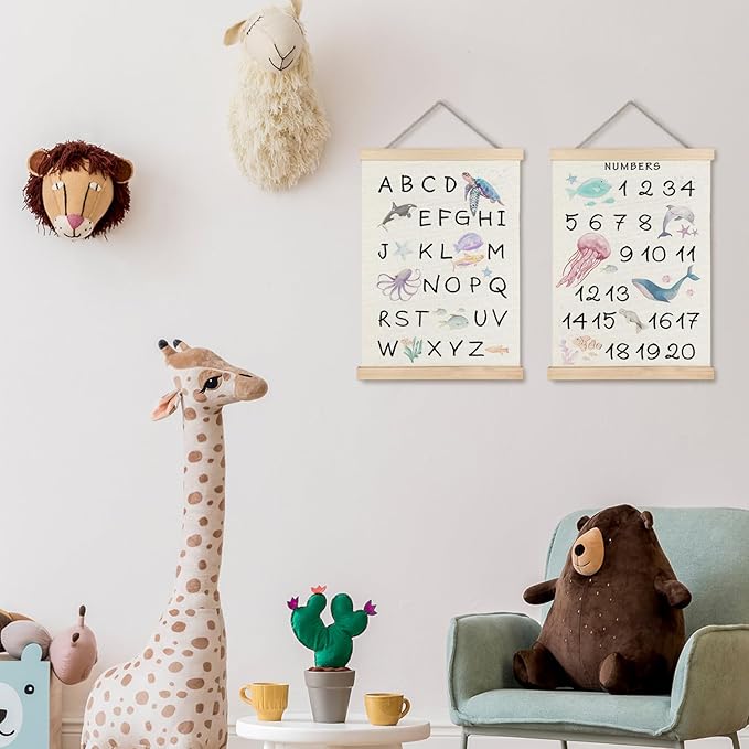 Supwhd Ocean Nursery Decor, Alphabet Numbers Ocean Animals Poster Hanger Frame, Sea Animals ABC 123 Educational Wall Decor for Nursery Kids Room Playroom Classroom Homeschool, 12x16 Set of 2