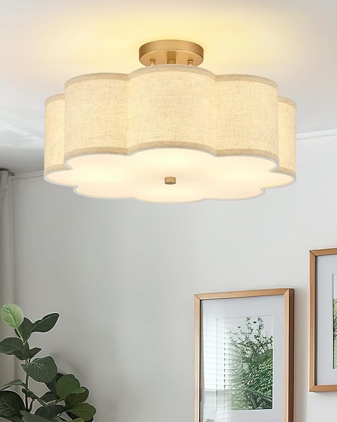 Gold Semi Flush Mount Ceiling Lights, 4-Light 18" Brass Light Fixtures Ceiling Mount with Linen Fabric Drum Shade in Flower Shape for Nursery Bedroom Kitchen Hallway, AD-22009-4SF-GD-B