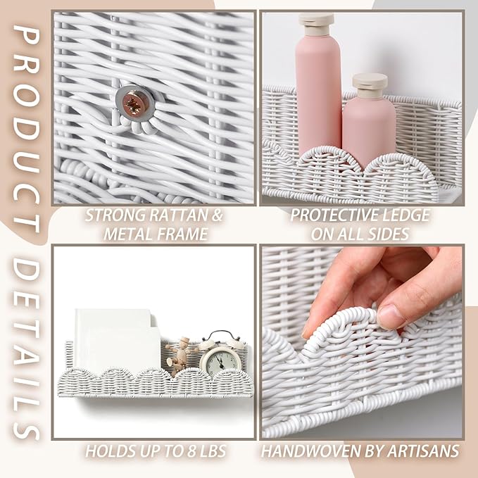 Pinkunn 4 Pcs Nursery Book Shelves 15.8 Inch Rattan Scalloped Floating Bookshelves Wicker Boho Book Shelf for Wall Mounted Decor Nursery Rooms Hanging(Cute)