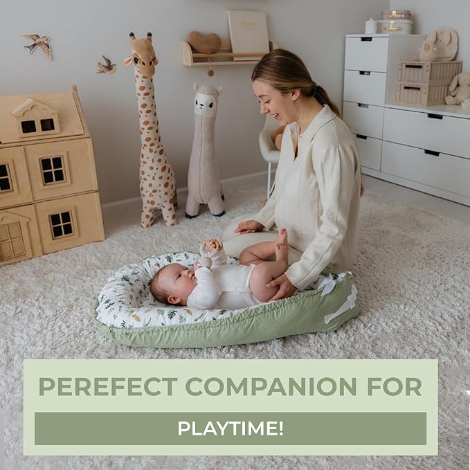 Baby Lounger | Organic Cotton Infant Lounger | Reversible, Adjustable & Portable Floor Lounger |Supervised Use | Soft, Breathable, Washable Cover - Star Collection (Sage Leaf)
