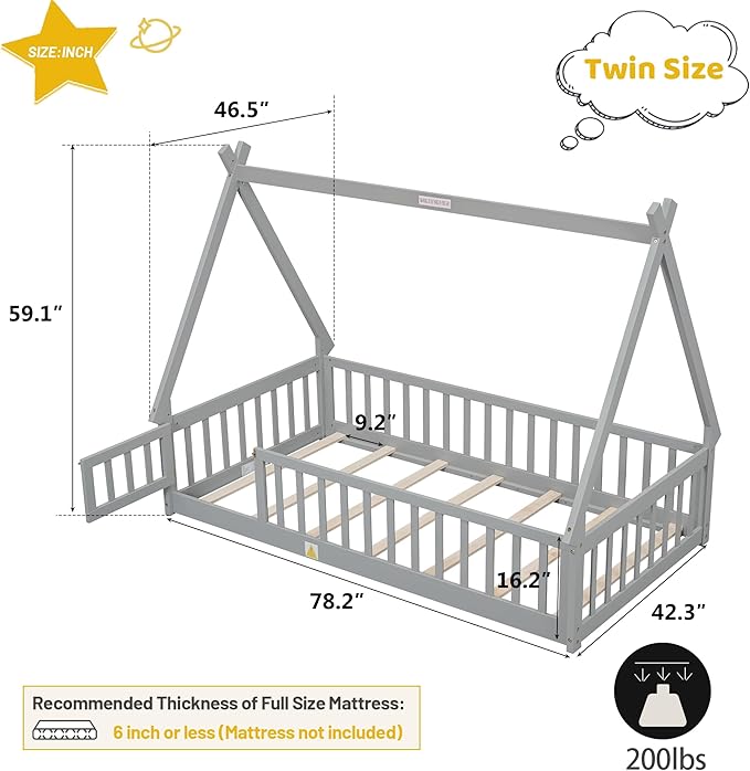 Twin House Bed Frame with Fence Rails and Door,Wood Montessori Floor Bed with Slats Support,Teepee Tent Beds Kids Bed Frames for Girls Boys, Grey