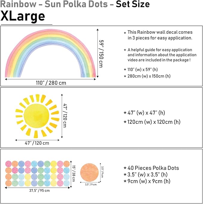 Watercolor Rainbow, Sun, Polka Dots Wall Decal for Kids Room, Nursery, Baby Room Decor, Polka Dots Mural, Rainbow Wallpaper (Rainbow-Sun-Polkadots, XLarge)
