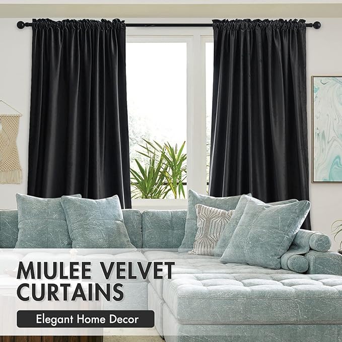 MIULEE Black Velvet Curtains Thermal Insulated Blackout Halloween Curtain Drapes for Bedroom Living Room Darkening 90 Inches Long Curtains Panels Rod Pocket Set of 2